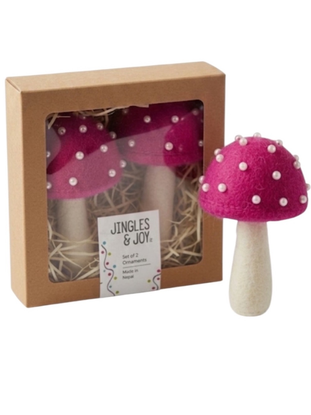 Hot Pink Pearl Mushroom Top Ornaments Fairy Cottage Pinkmas, Set of 2 
C